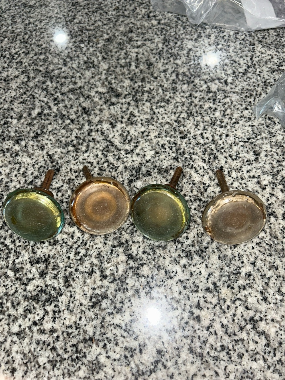Vintage Set of 4 Round Glass Cabinet Knobs in Green and Gold Tones brass patina
